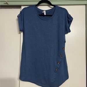 Casual Blue Short Sleeve Top with Button Accents